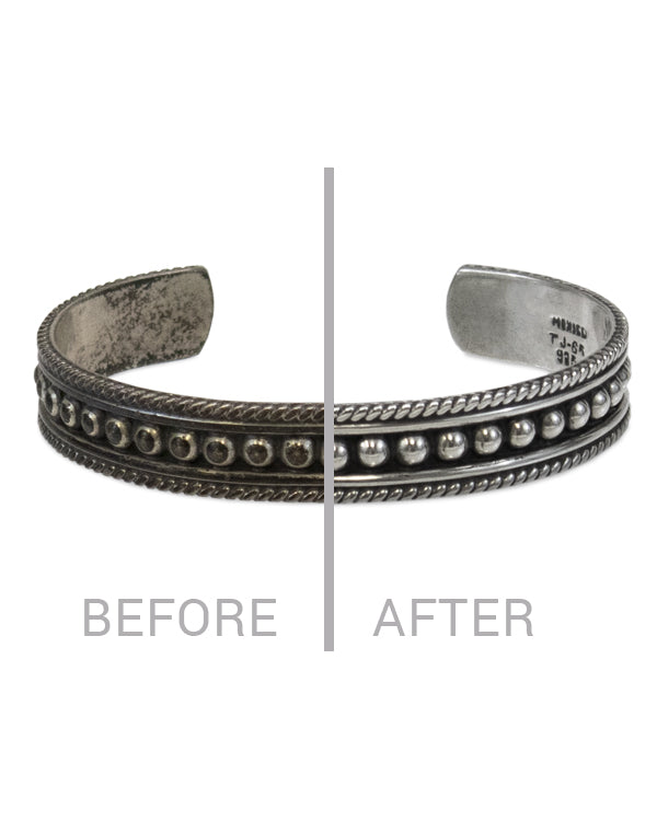 Before and after using a polishing cloth on a silver bracelet