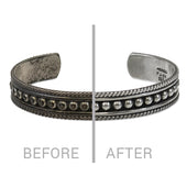 Before and after using a polishing cloth on a silver bracelet