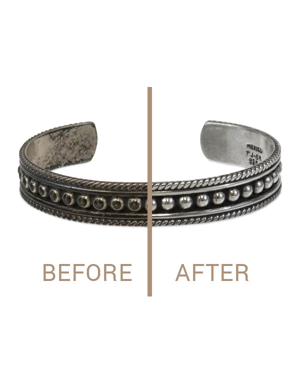 Before and after cleaning a silver bracelet
