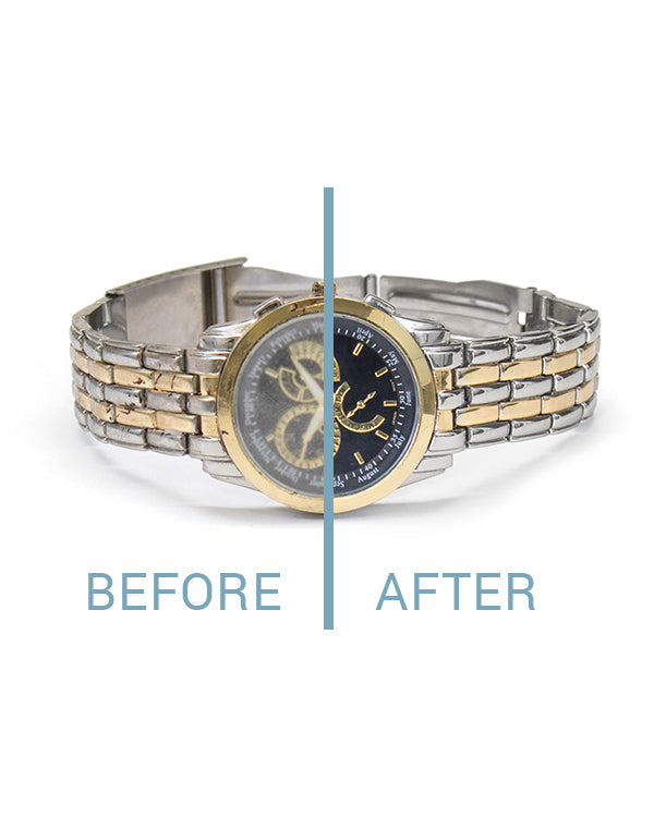 Before and after using Jewelry + Watch Cleansing Wipes on a gold and silver watch
