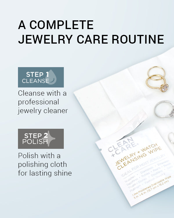 Clean + Care's 2-step process for Jewelry + Watch Cleansing Wipes